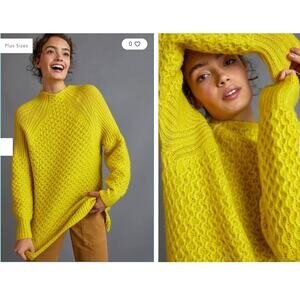 Anthropologie Womens XS Bia Mock Neck Bright Lime Yellow Knit Sweater Tunic